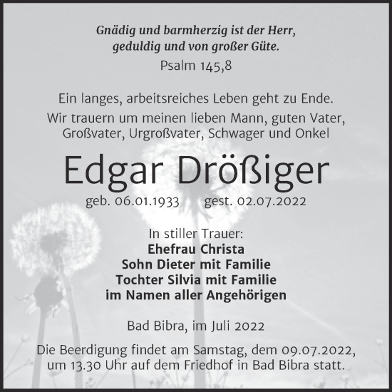 Traueranzeige von Edgar Drößiger von Naumburger Tageblatt