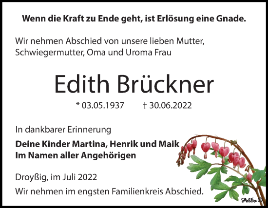 Traueranzeige von Edith Brückner von Trauerkombi Zeitz