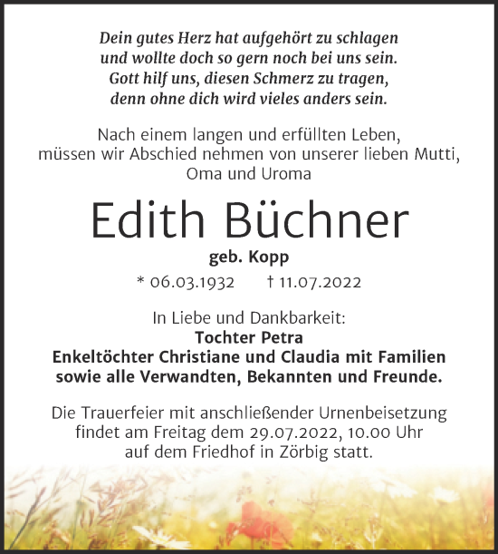Traueranzeige von Edith Büchner von Trauerkombi Bitterfeld