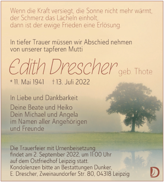 Traueranzeige von Edith Drescher von Mitteldeutsche Zeitung Köthen