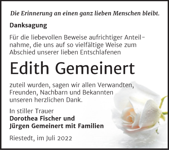 Traueranzeige von Edith Gemeinert von Trauerkombi Sangerhausen