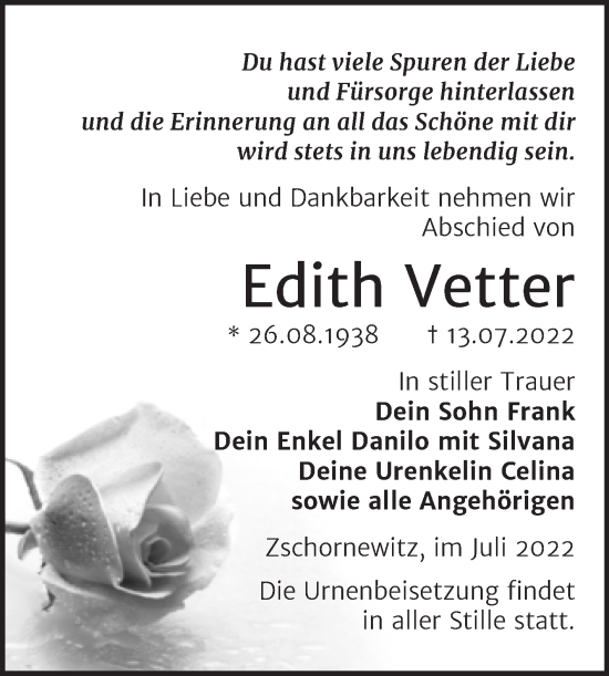Traueranzeige von Edith Vetter von Trauerkombi Wittenberg