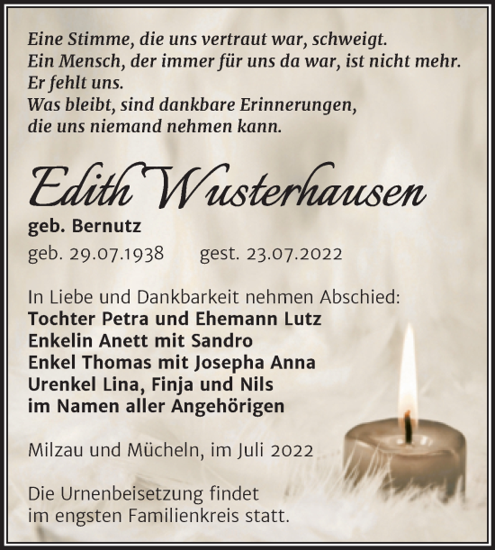 Traueranzeige von Edith Wusterhausen von Trauerkombi Merseburg
