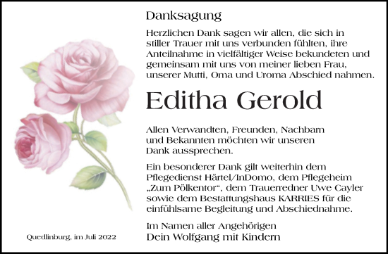 Traueranzeige von Editha Gerold von Trauerkombi Quedlinburg