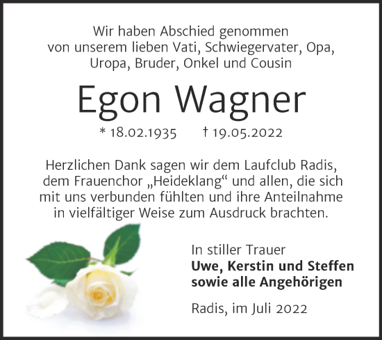 Traueranzeige von Egon Wagner von Trauerkombi Wittenberg