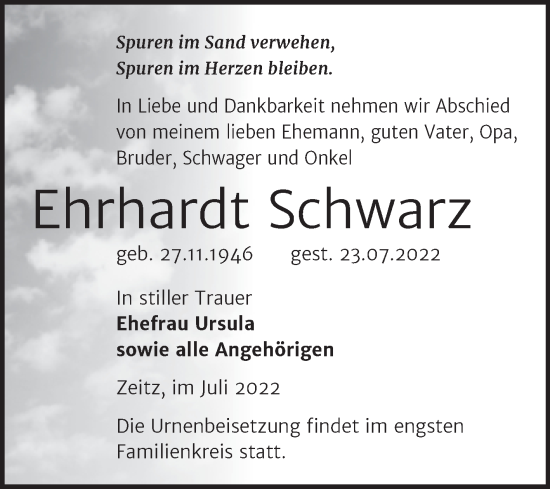 Traueranzeige von Ehrhardt Schwarz von Trauerkombi Zeitz