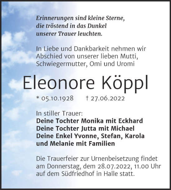 Traueranzeige von Eleonore Köppl von Mitteldeutsche Zeitung Halle/Saalkreis