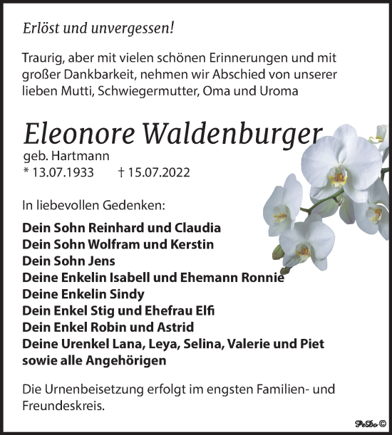 Traueranzeige von Eleonore Waldenburger von Trauerkombi Weißenfels