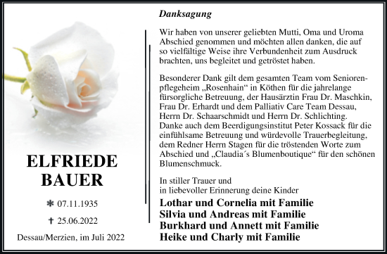 Traueranzeige von Elfriede Bauer von Trauerkombi Dessau