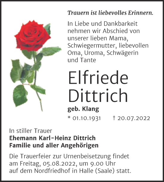 Traueranzeige von Elfriede Dittrich von Mitteldeutsche Zeitung Halle/Saalkreis