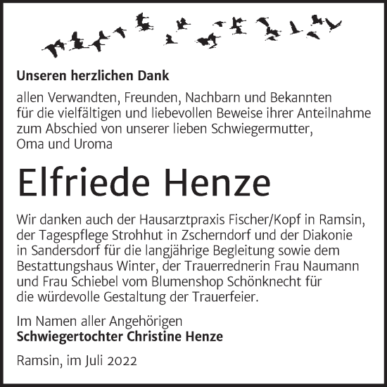 Traueranzeige von Elfriede Henze von Trauerkombi Bitterfeld