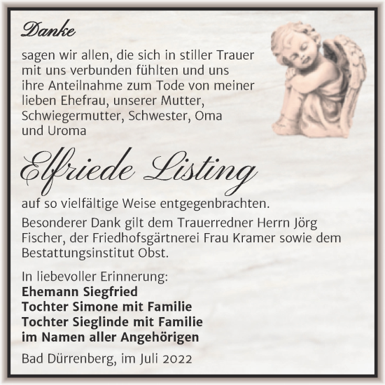 Traueranzeige von Elfriede Listing von Trauerkombi Merseburg