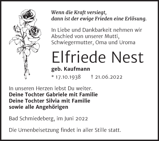 Traueranzeige von Elfriede Nest von Trauerkombi Wittenberg