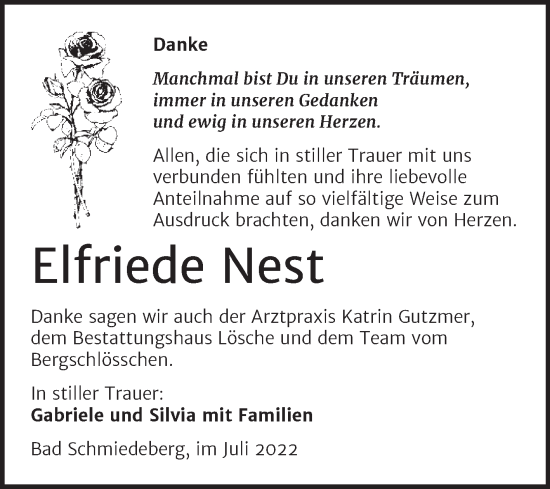Traueranzeige von Elfriede Nest von Trauerkombi Wittenberg