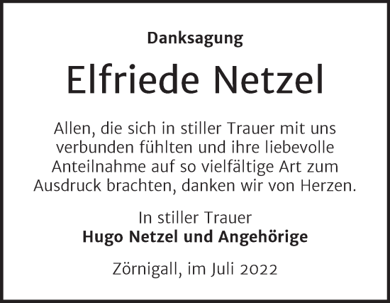 Traueranzeige von Elfriede Netzel von Trauerkombi Wittenberg
