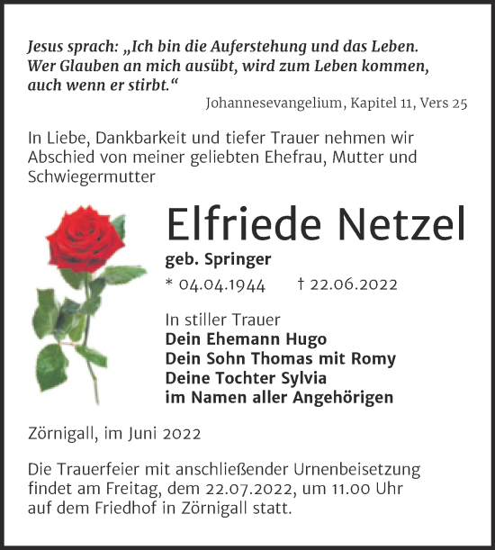 Traueranzeige von Elfriede Netzel von Trauerkombi Wittenberg