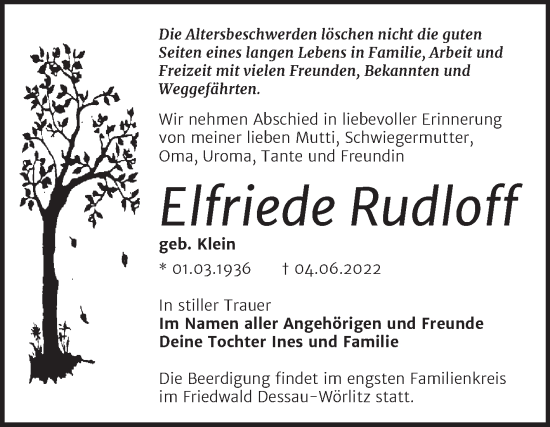 Traueranzeige von Elfriede Rudloff von Trauerkombi Quedlinburg