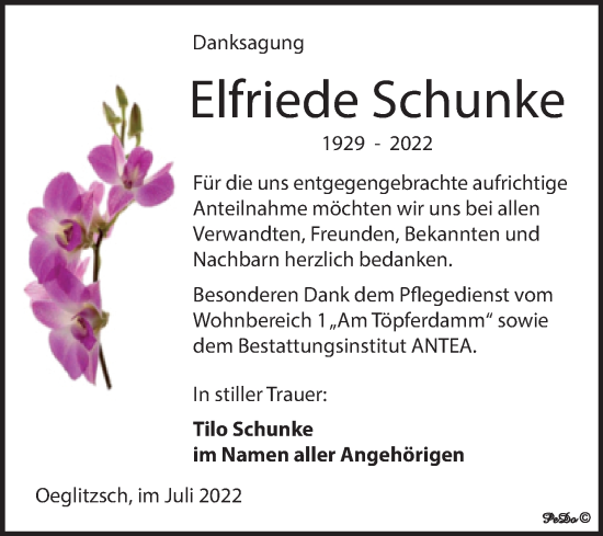 Traueranzeige von Elfriede Schunke von Trauerkombi Weißenfels