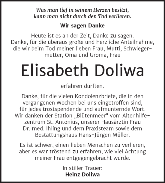 Traueranzeige von Elisabeth Doliwa von Trauerkombi Aschersleben