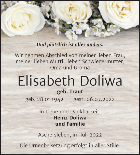 Traueranzeige von Elisabeth Doliwa von Trauerkombi Aschersleben
