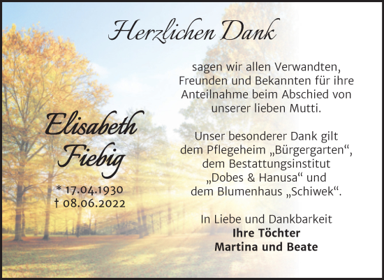 Traueranzeige von Elisabeth Fiebig von Trauerkombi Bernburg