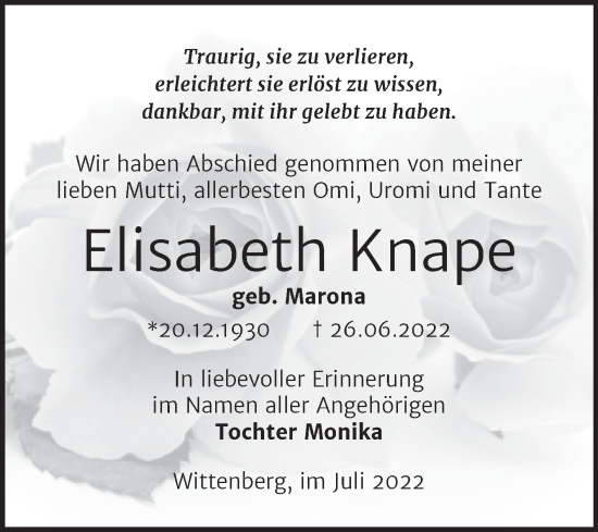 Traueranzeige von Elisabeth Knape von Trauerkombi Wittenberg