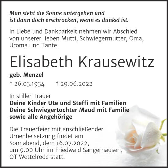 Traueranzeige von Elisabeth Krausewitz von Trauerkombi Sangerhausen