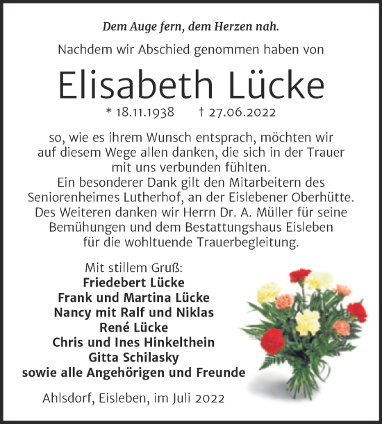 Traueranzeige von Elisabeth Lücke von Trauerkombi Mansfelder Land