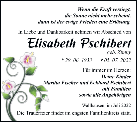 Traueranzeige von Elisabeth Pschibert von Trauerkombi Sangerhausen