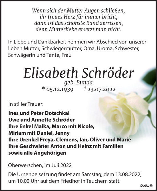 Traueranzeige von Elisabeth Schröder von Trauerkombi Weißenfels