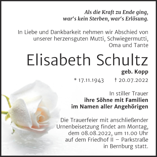 Traueranzeige von Elisabeth Schultz von Trauerkombi Bernburg