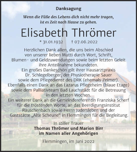 Traueranzeige von Elisabeth Thrömer von Wochenspiegel Naumburg/Nebra