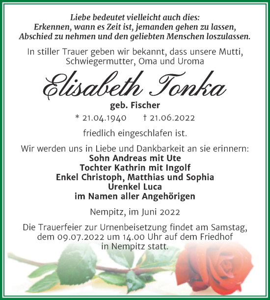 Traueranzeige von Elisabeth Tonka von Trauerkombi Merseburg