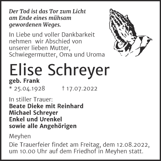 Traueranzeige von Elise Schreyer von Wochenspiegel Naumburg/Nebra