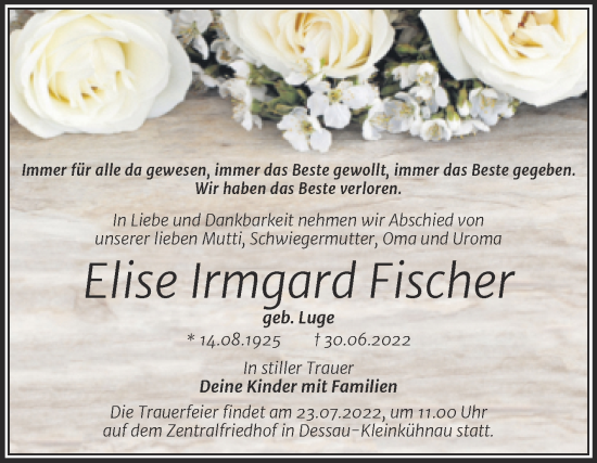 Traueranzeige von Elise Irmgard Fischer von Trauerkombi Dessau