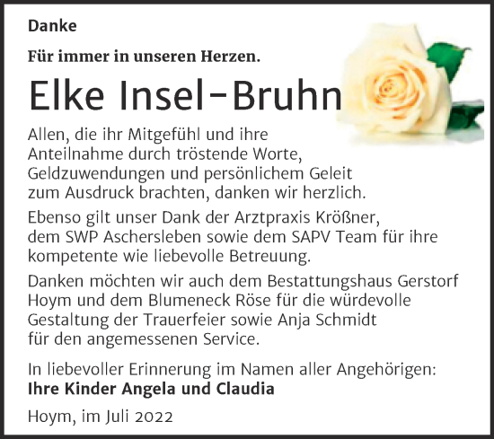 Traueranzeige von Elke Insel-Bruhn von Trauerkombi Aschersleben