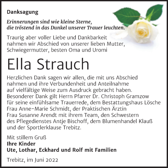 Traueranzeige von Ella Strauch von Super Sonntag Wittenberg