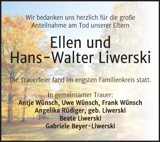 Traueranzeige von Ellen und Hans-Walter Liwerski von Mitteldeutsche Zeitung Zeitz