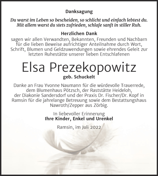 Traueranzeige von Elsa Prezekopowitz von Trauerkombi Bitterfeld