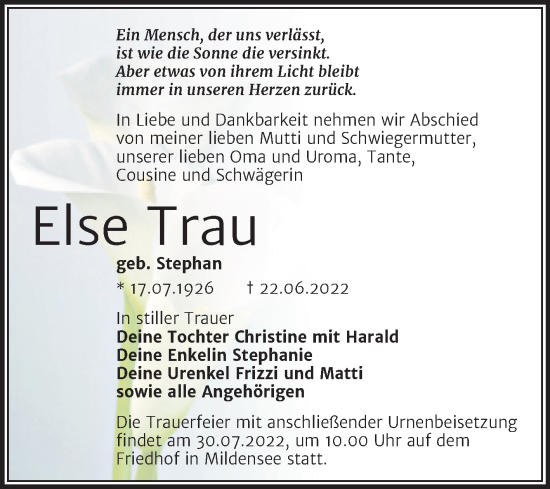 Traueranzeige von Else Trau von Trauerkombi Dessau