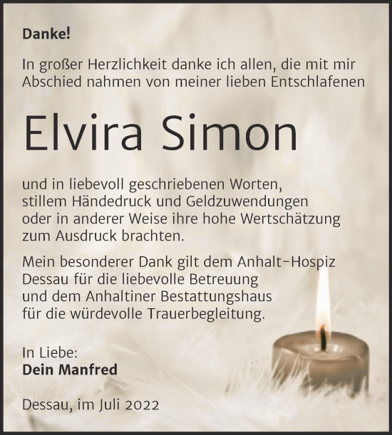 Traueranzeige von Elvira Simon von Trauerkombi Dessau