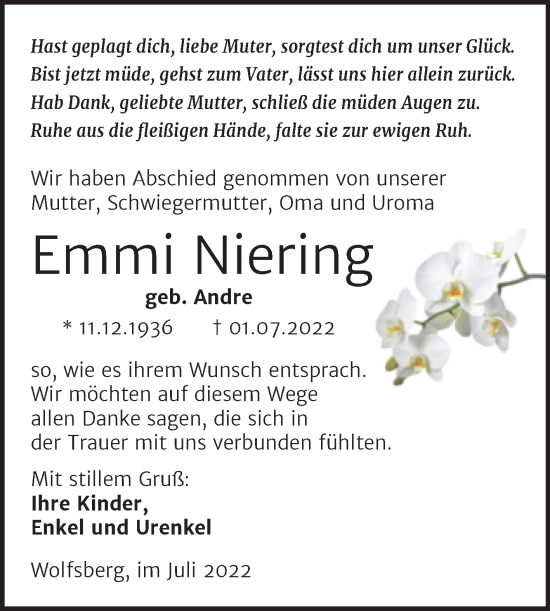 Traueranzeige von Emmi Niering von Trauerkombi Sangerhausen