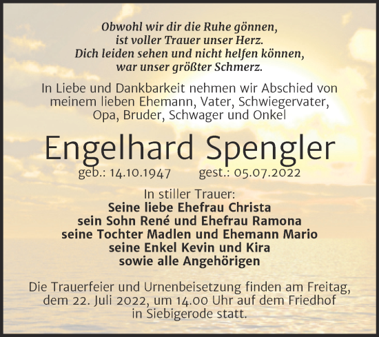 Traueranzeige von Engelhard Spengler von Trauerkombi Mansfelder Land