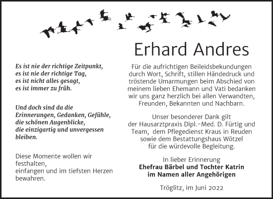 Traueranzeige von Erhard Andres von Trauerkombi Zeitz