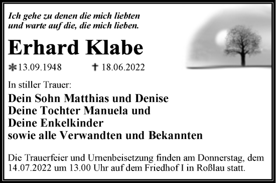 Traueranzeige von Erhard Klabe von Trauerkombi Dessau