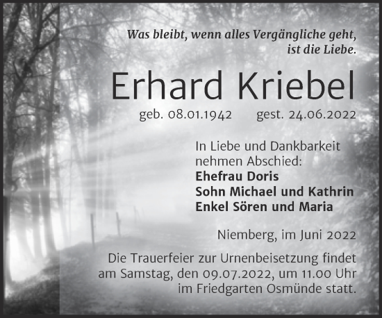 Traueranzeige von Erhard Kriebel von Mitteldeutsche Zeitung Halle/Saalkreis