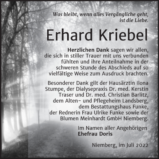 Traueranzeige von Erhard Kriebel von Mitteldeutsche Zeitung Halle/Saalkreis