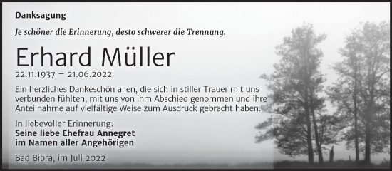 Traueranzeige von Erhard Müller von Wochenspiegel Naumburg/Nebra