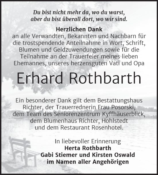 Traueranzeige von Erhard Rothbarth von Trauerkombi Sangerhausen
