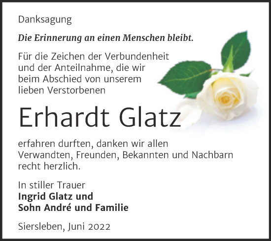 Traueranzeige von Erhardt Glatz von Trauerkombi Mansfelder Land